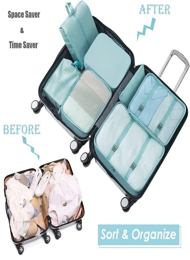 LAYZOO Travel Organizer 7 in 1 Travel Laundry Cosmetics Luggage Packing Organizers Set Makeup Bags Organizer Packing Cubes with Shoe Bag for travel, Nylon (Light Blue) - Image 3